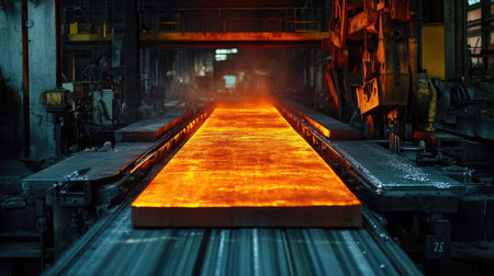 Glowing metal slab on conveyor with nearby unused protective equipment and toolsの素材