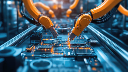 Integrated pick-and-place robotic systems on a synchronized electronics production trackの素材