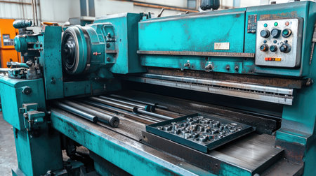 Lathe machine corner with unused PPE kit and tool tray ready for operationの素材