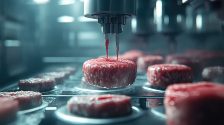Modern food processing line with automated machines preparing and packaging mealsの素材