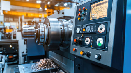 Large lathe machine with metal shavings and control dials placed in a production floor setupの素材