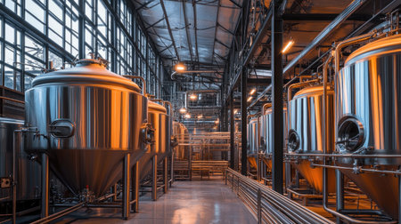 Large-scale brewery interior with stainless steel tanks, pipes, and filtration systemsの素材