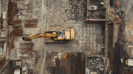 Overhead view of cleared construction site with grid layout and machinery tracksの素材