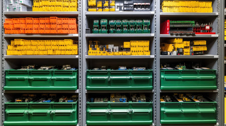 Set of electronic components organized by function in an engineering parts binの素材