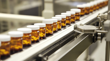 Pharmaceutical packaging line with labeled pill bottles moving through a labeling stationの素材
