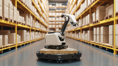 Robotic loader moving pallets onto a conveyor system in a modern automated logistics centerの素材