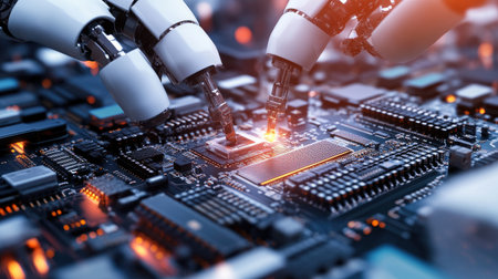Robotic arms placing electronic parts on PCBs along a cleanroom assembly lineの素材