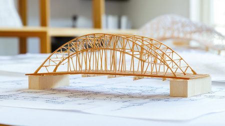 Structural model of a bridge with supporting beams and stress analysis diagramsの素材