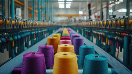 Textile factory with rows of automated weaving machines and spools of colorful threadの素材