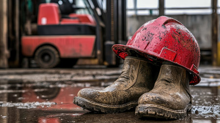 Rain-soaked safety helmet and work boots beside a forklift at rest in an open-air factoryの素材