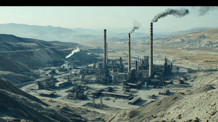 Wide-angle view of a sprawling modern factory complex with multiple chimneys and industrial buildings under a clear skyの素材