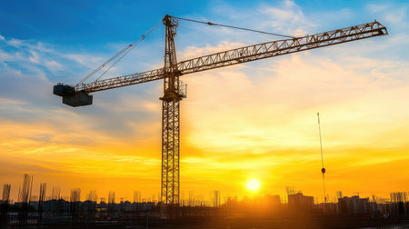 Sunset behind tall crane on silent construction site with reflective safety barriersの素材