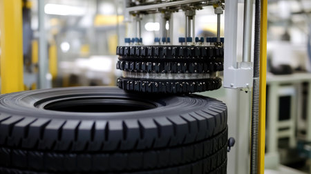 Tire manufacturing facility with stacked rubber components and production stationsの素材
