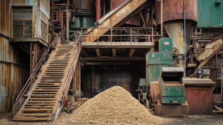 Wood product factory with sawdust collectors, timber panels, and processing machinesの素材