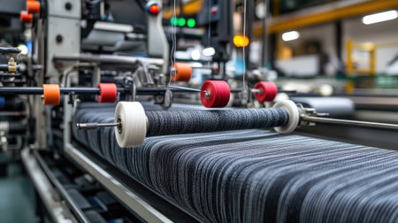 Textile machinery with thread spools, needle systems, and fabric guides in operationの素材