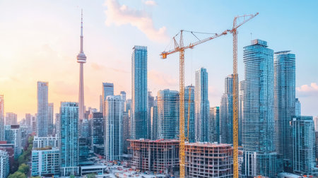 Urban landscape with several partially completed buildings and construction equipmentの素材