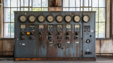 High-voltage control room inside power station with gauges, switches, and readoutsの素材