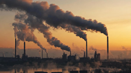 Industrial factory exterior with smoke rising from chimneys and complex pipe systemsの素材