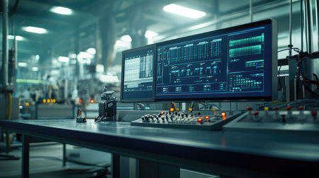 Industrial control room monitoring real-time data and metrics from manufacturing equipmentの素材