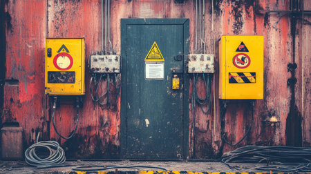 Deserted construction platform with power tools, extension cords, and warning signsの素材