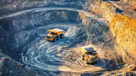 Open-pit mine with terraced excavation and large haul trucks parked beside conveyor systemの素材