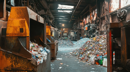 Recycling plant interior with compactors, sorting lines, and heaps of sorted materialsの素材