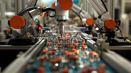 Industrial automation line with sensors and actuators assembling small mechanical partsの素材