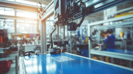 Industrial D printer with mechanical arms and filament feeds in operation within a workshopの素材