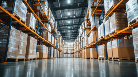 Cold storage warehouse with metal racks filled with sealed boxes under controlled refrigerationの素材