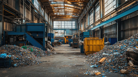 Recycling plant interior with compactors, sorting lines, and heaps of sorted materialsの素材