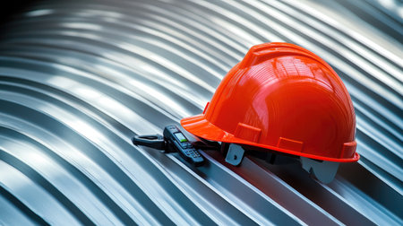 Hard hat and walkie-talkie placed on a large turbine shell, hinting at recent inspection workの素材