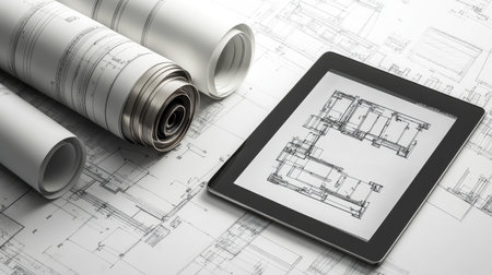 Mechanical drawings rolled and labeled beside digital tablet with D model renderingの素材