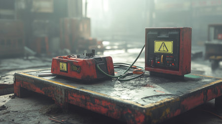 Deserted construction platform with power tools, extension cords, and warning signsの素材