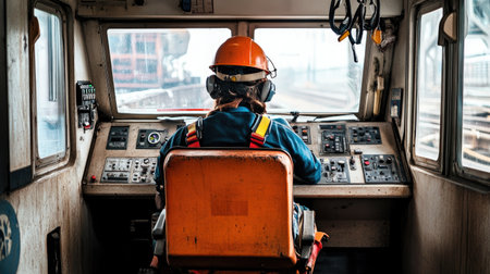 Empty crane control cabin with harness and helmet placed neatly on operator seatの素材