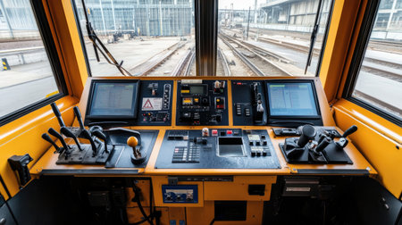 Control station for heavy machinery with LCD screens, manual switches, and emergency buttonsの素材