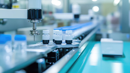 Automated robotic arm poised over a conveyor belt in an advanced industrial assembly lineの素材