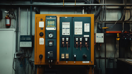 Industrial control cabinet with labeled wiring, circuit breakers, and digital meters in a factoryの素材
