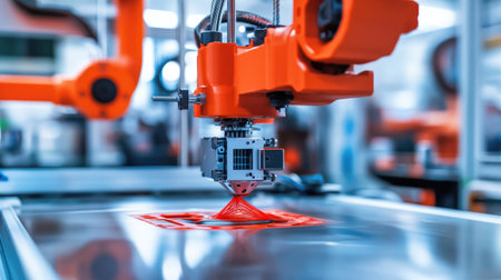 Industrial D printer with mechanical arms and filament feeds in operation within a workshopの素材