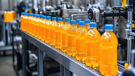 Fully automated bottling line in a beverage plant with high-speed machineryの素材