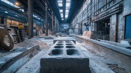 Foundry mold shop with sand casting forms aligned for metal pouring in a quiet hallの素材