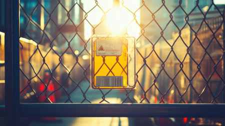 Construction site entrance showing safety signs and portable fencing under bright sunlightの素材