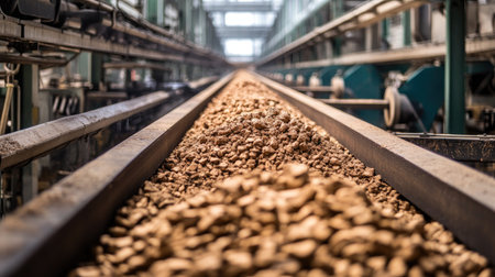 Belt conveyor lifting raw materials between processing stations in an open factoryの素材