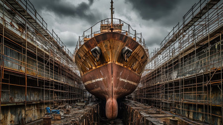 Quiet shipyard with large cargo vessel in dry dock surrounded by scaffolding and welding gearの素材