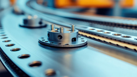 Furniture parts being assembled by automated press and screwing systems along a trackの素材