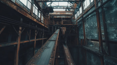 Heavy-duty machinery and conveyor belts operating inside a coal processing plant, no workers presentの素材