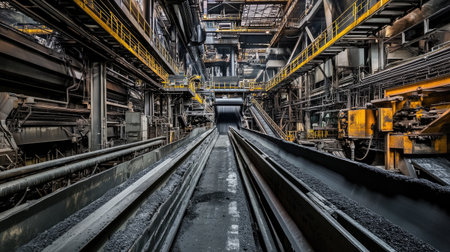 Heavy-duty machinery and conveyor belts operating inside a coal processing plant, no workers presentの素材