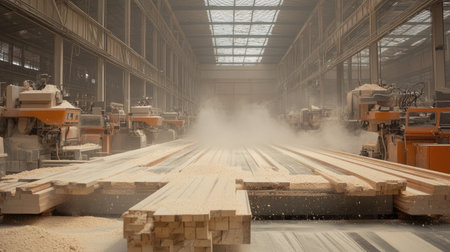 Woodworking factory with automated saws and dust collection systems shaping timberの素材
