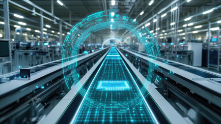 Smart sensors tracking throughput on a modern assembly line in a tech manufacturing plantの素材
