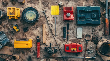 Surveying tools including theodolite and level staff laid out for field engineeringの素材