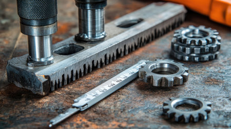 Set of gears and mechanical parts displayed with calipers and micrometers on a workbenchの素材